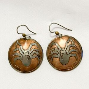 Copper earrings spider design circle halloween forestcore 1 inch‎ vintage